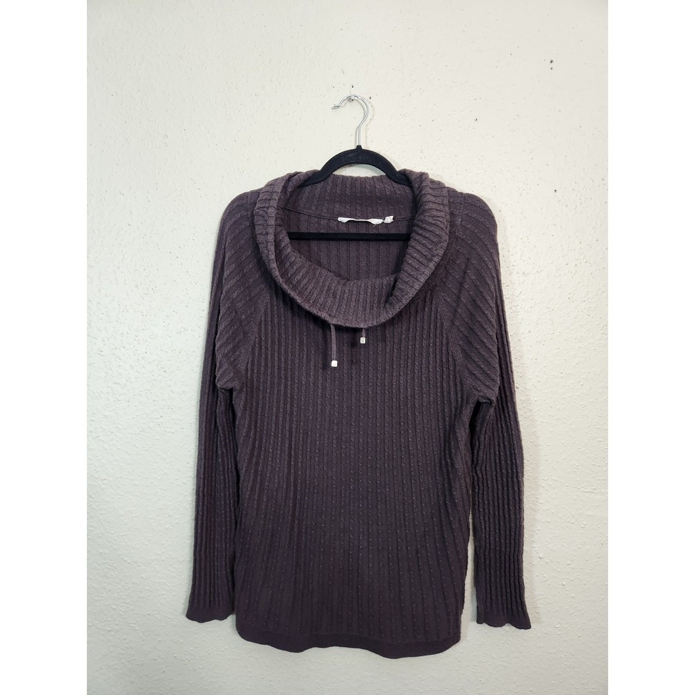 Soft Surroundings Womens Large Brown Cowl Neck Sweater Cable Knit High Low Hem